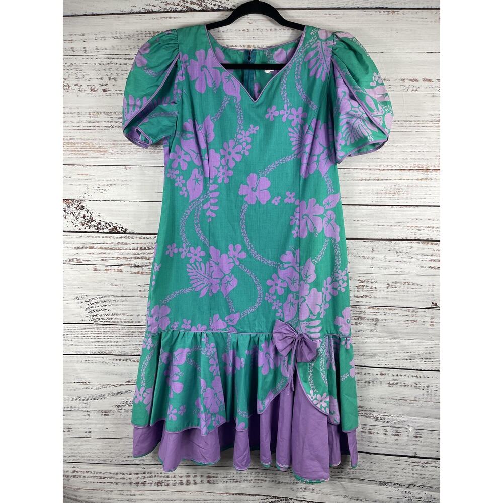 Vintage Hawaiian Dress Women's Size L Puff Sleeve V Neck Bow Floral 80s